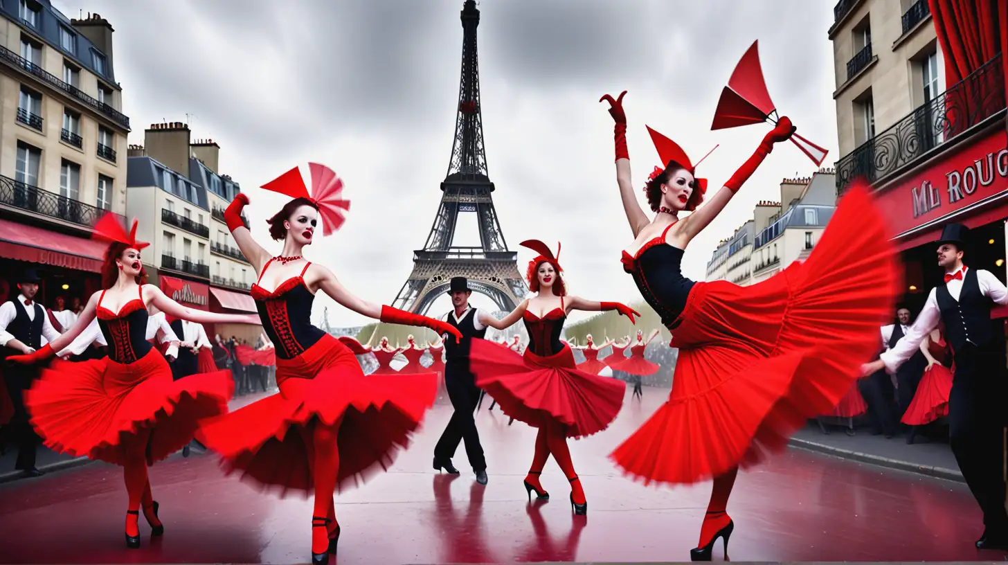 moulin rouge style image to include the Eiffel tower in the background , French can can dancers  with a red traditional 
windmill 
