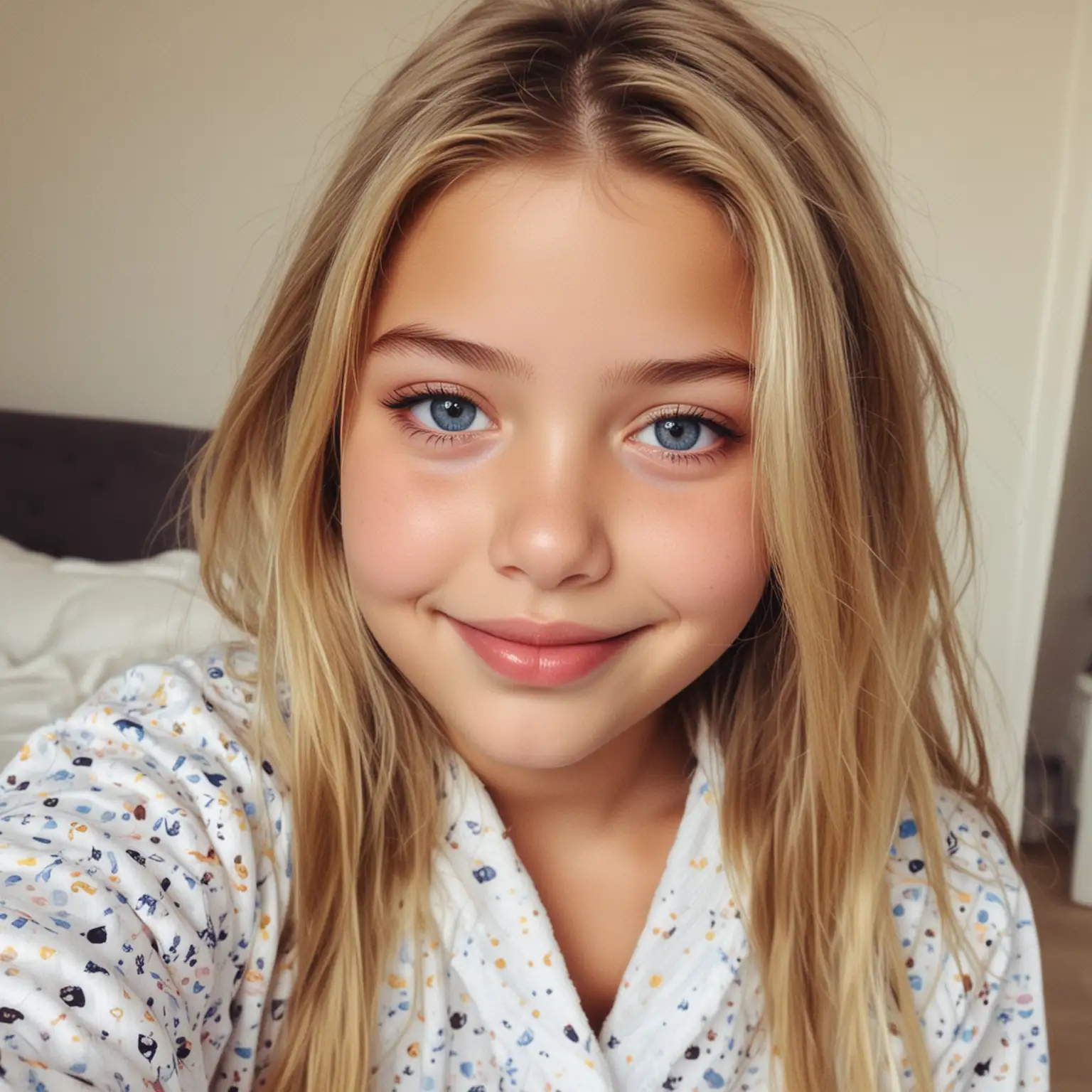 -cref https://miramuseai.net/9267400 -cw 100 selfie of 13 year old (blonde) French girl (Thylane Blondeau). excited smile. incredibly cute, fresh, youthful. walking pose, showing her cute pajamas.  natural, everyday life BREAK blue eyes BREAK bedroom toys