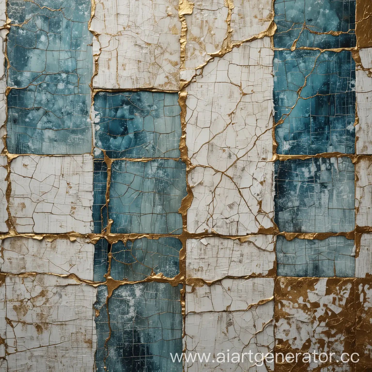 Abstract-Crackle-Collage-Painting-with-Blue-and-White-Expressive-Gold-Accents