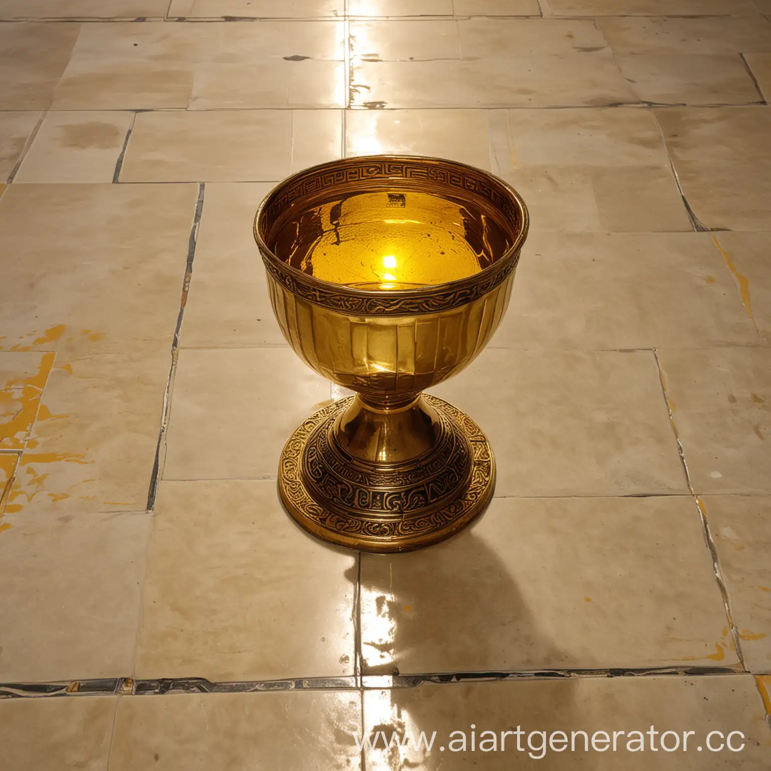  A large high golden grail with yellow water inside on a tiled floor