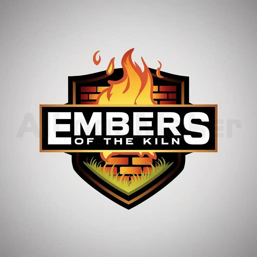 a logo design,with the text "EMBERS of the Kiln", main symbol:Firey shield logo with EMBERS of the Kiln across the middle of the logo with glowing embers, bricks, and grass,Moderate,be used in Sports Fitness industry,clear background