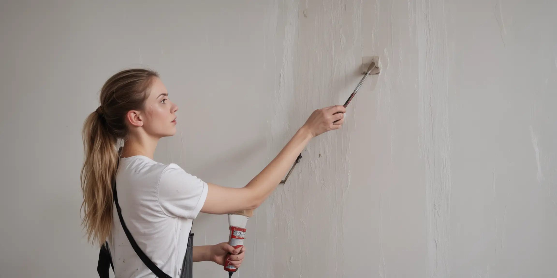 Young Caucasian Girl Painting a Wall with a Brush