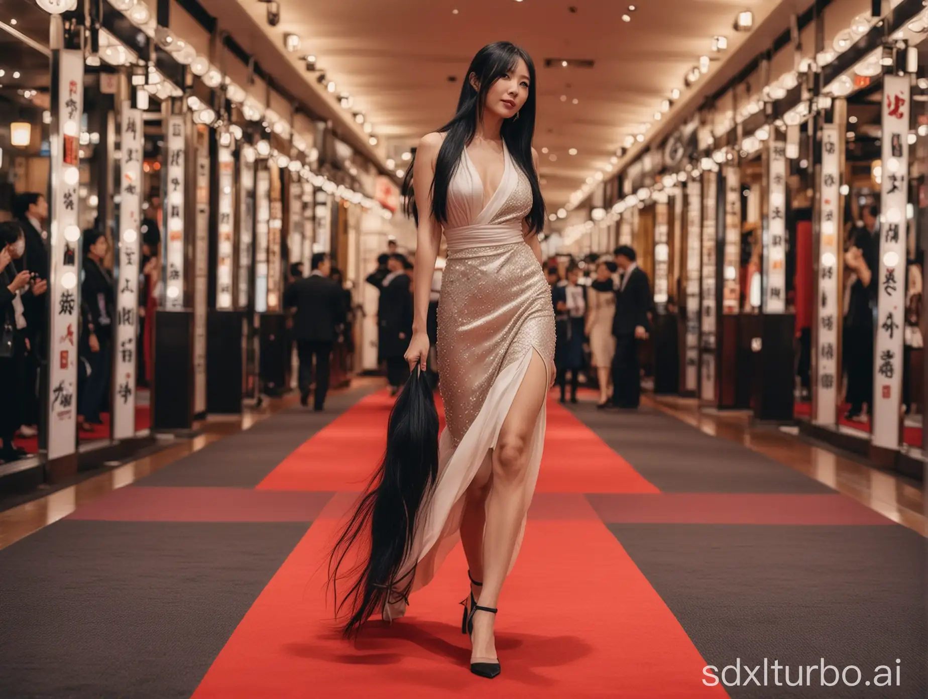 beautiful intellectual typical Japanese 33-year-old girl walks on the red carpet in fashionable attire, Instagram model, long black hair, warm, black eyes, height 6.5 feets, female, masterpiece, 4k, correct fingers or hands