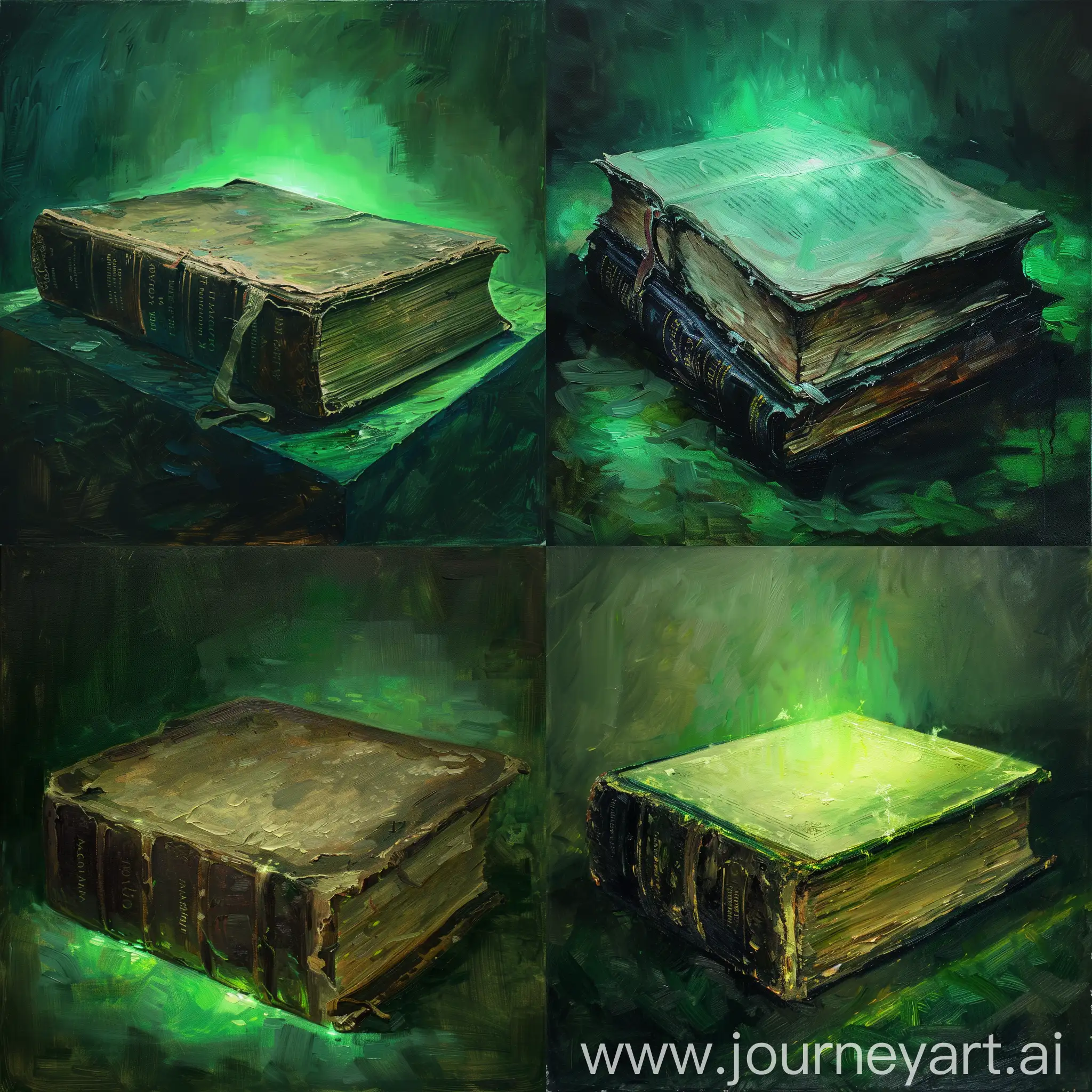 Vintage-Book-Illuminated-by-Green-Light-Muted-Colors-Oil-Painting