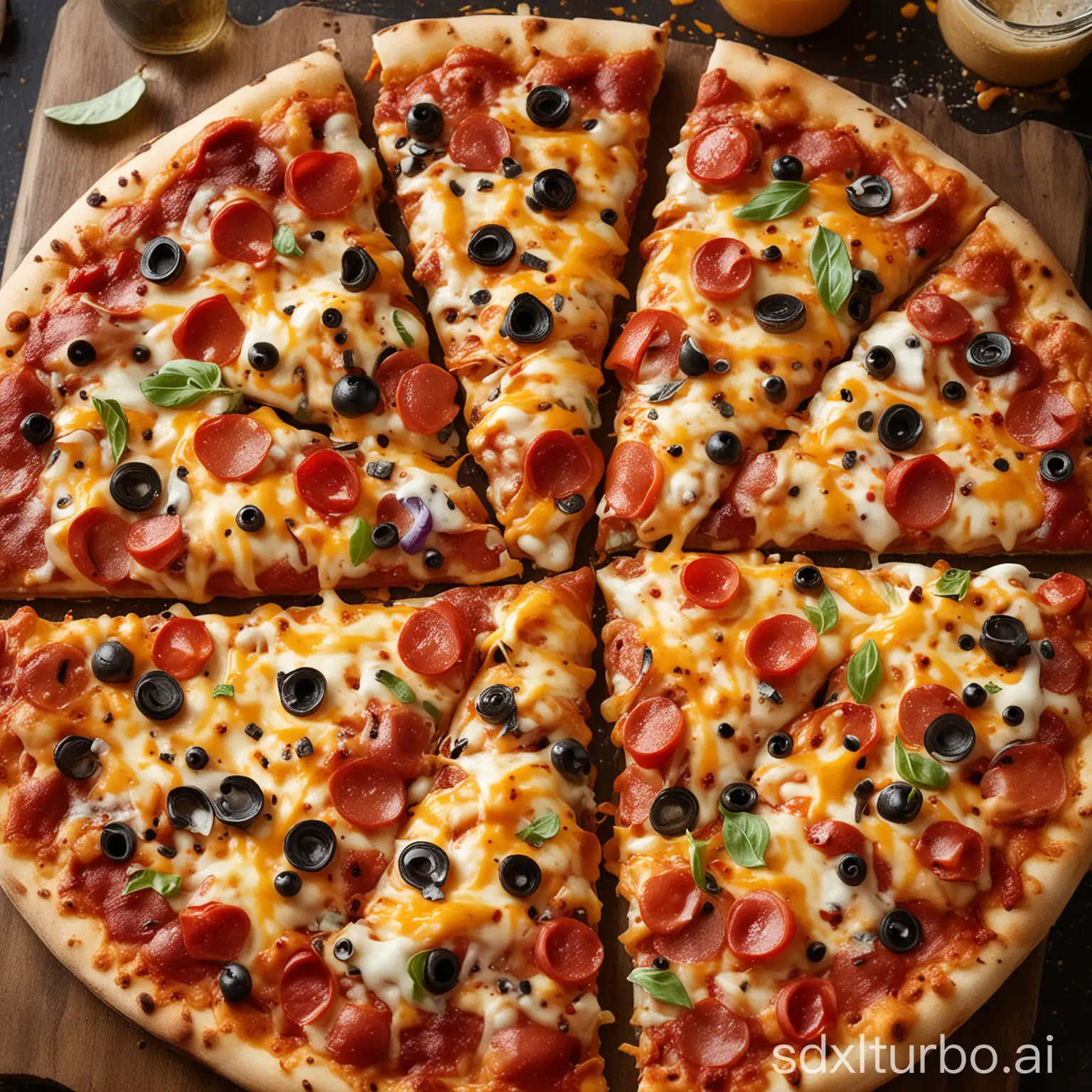 A close-up image of a hot and cheesy pizza, with melted cheese and colorful toppings.