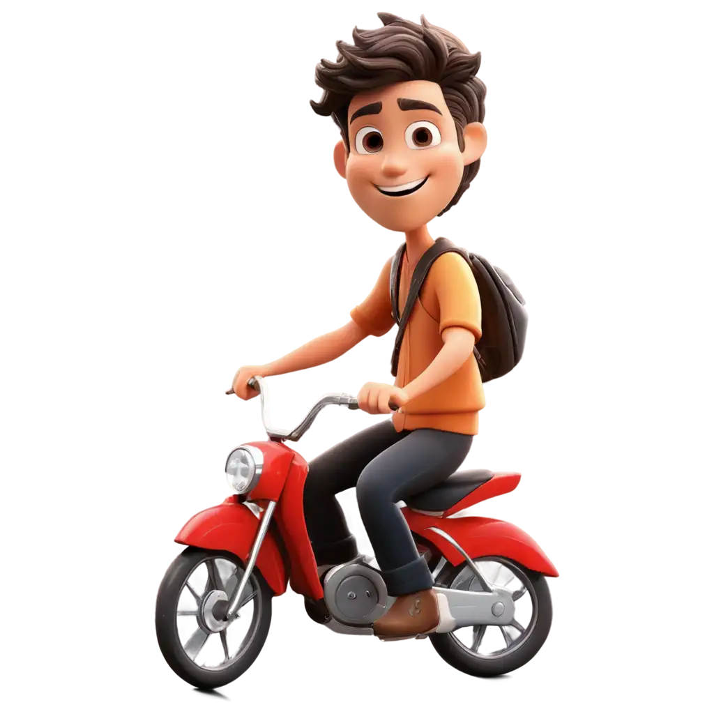 a cute man riding a motor bike in slant direction (cartoon) smiling 