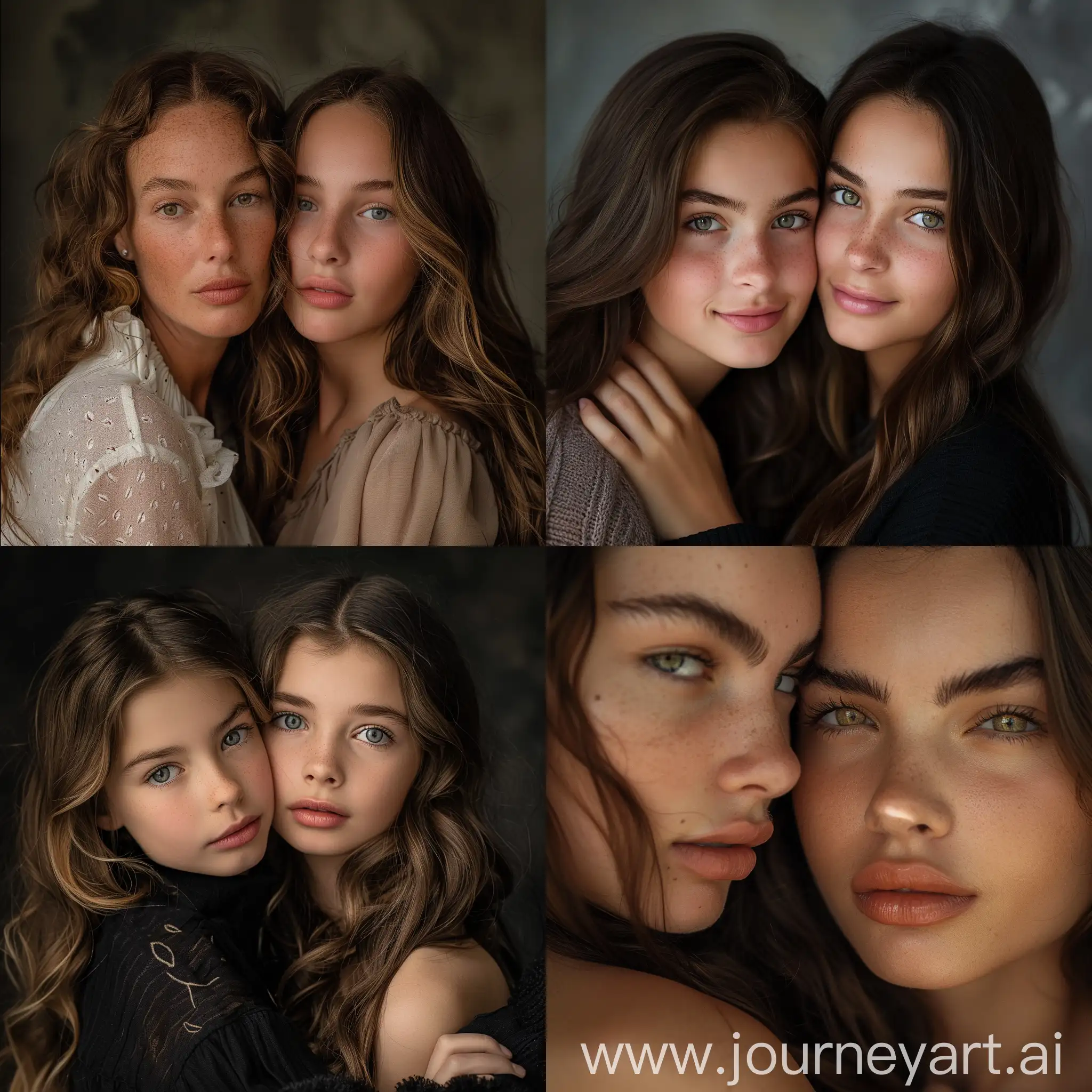 Aesthetic professional portrait of a girl and her mother, professional studio, studio lighting, close together, super model faces, bushy eyebrows, full and thick hair