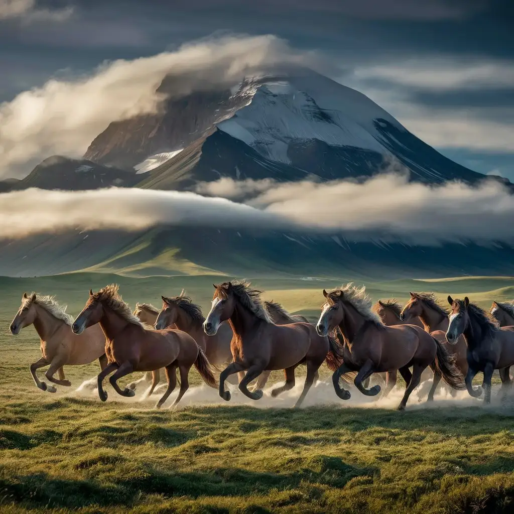 horses running on the grass land a mountain in the back round 
