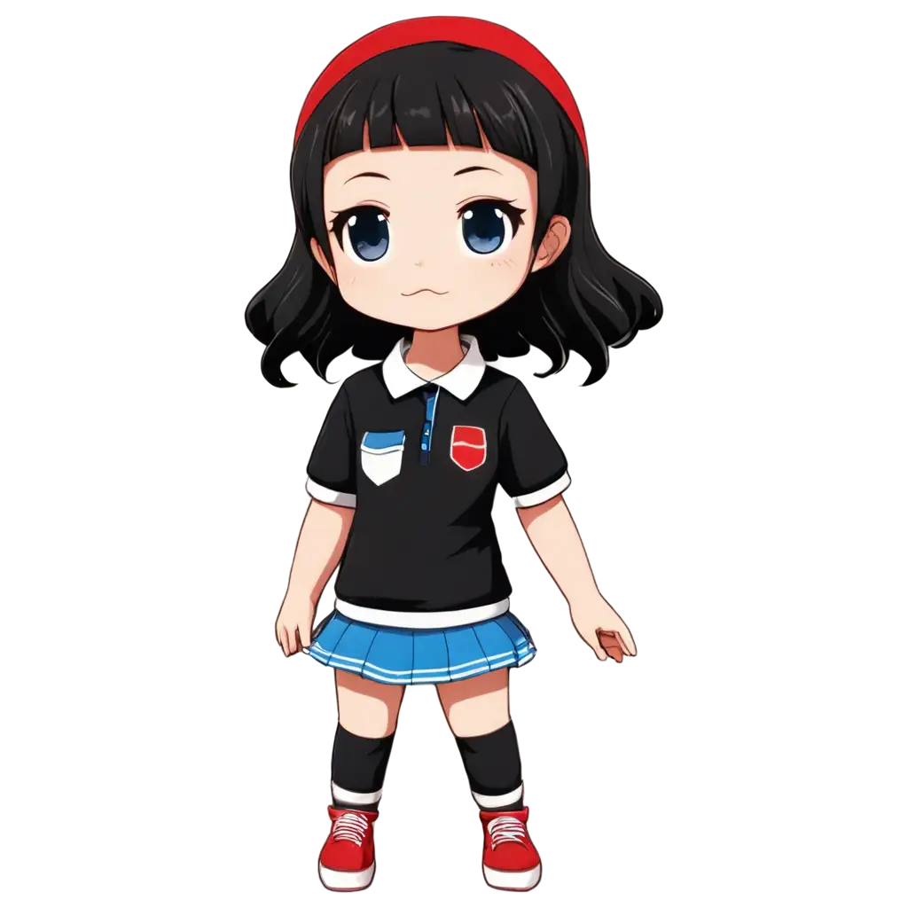 Một cô gái mặc áo thun polo ngắn tay màu xanh đen, tay áo màu đỏ có viền sọc màu trắng, cổ áo có khuy có viền màu trắng, trước ngực có logo màu đỏ, sau gáy áo có logo màu trắng phong cách anime chibi
