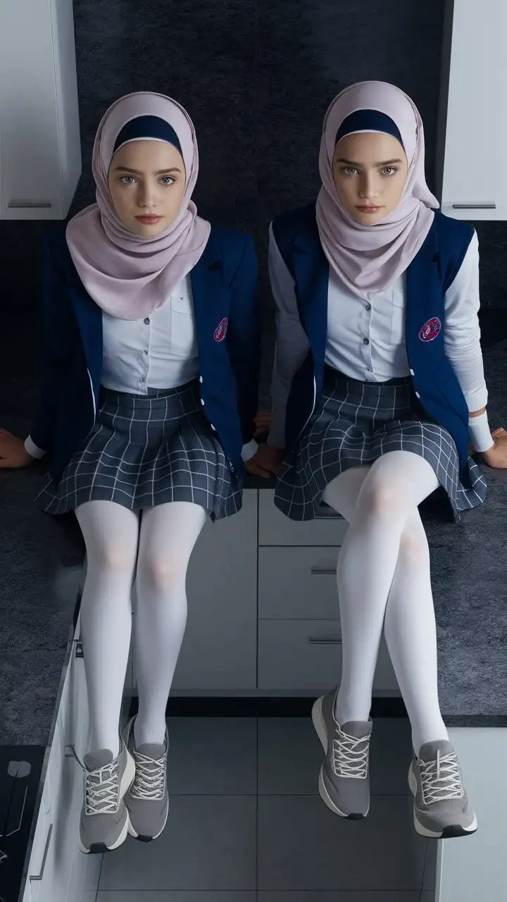 Two Stylish Teenage Girls in Modern Hijab Sitting on Kitchen Countertops
