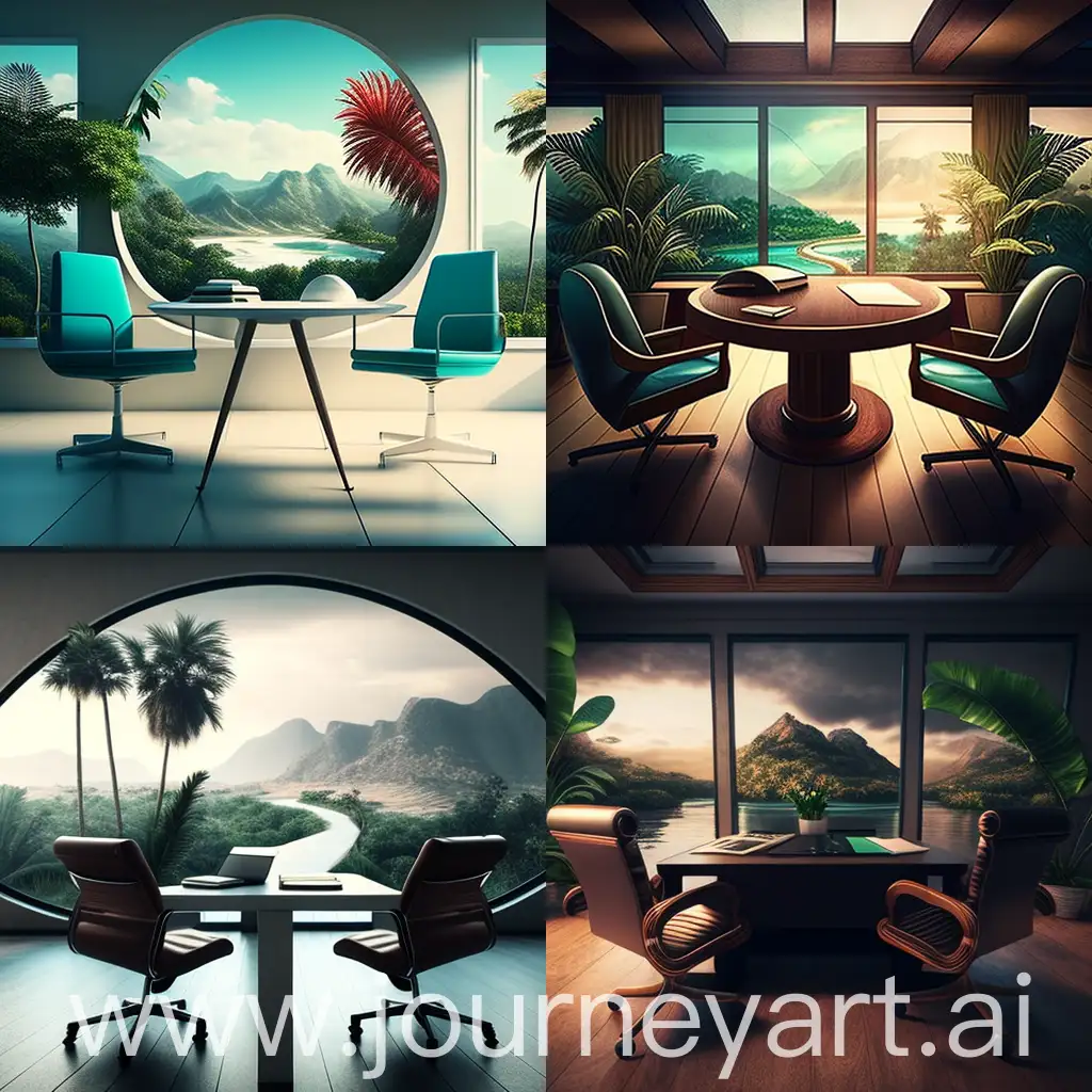 "Generates an image of a desk with very comfortable chairs, in an office overlooking a tropical landscape."
