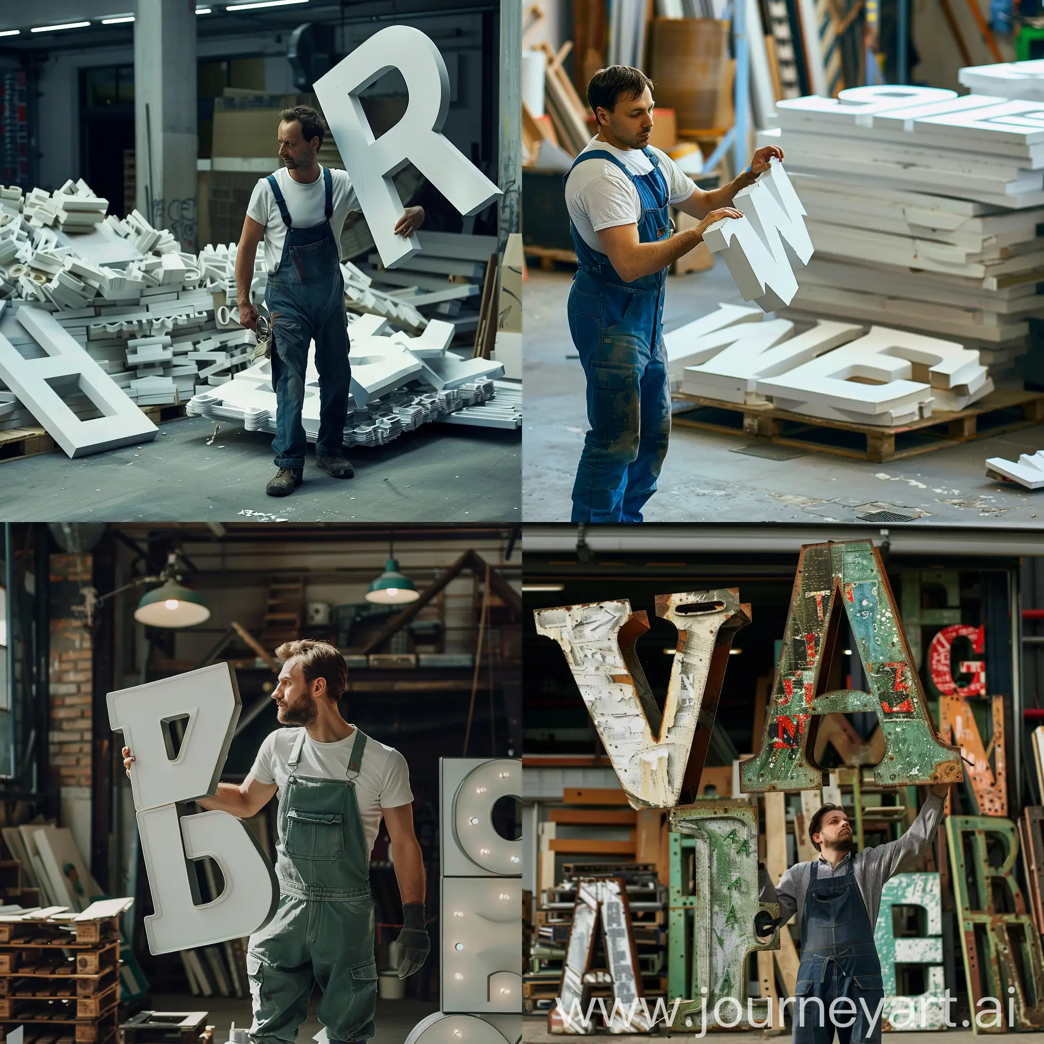 a worker in overalls collects large letters for advertising