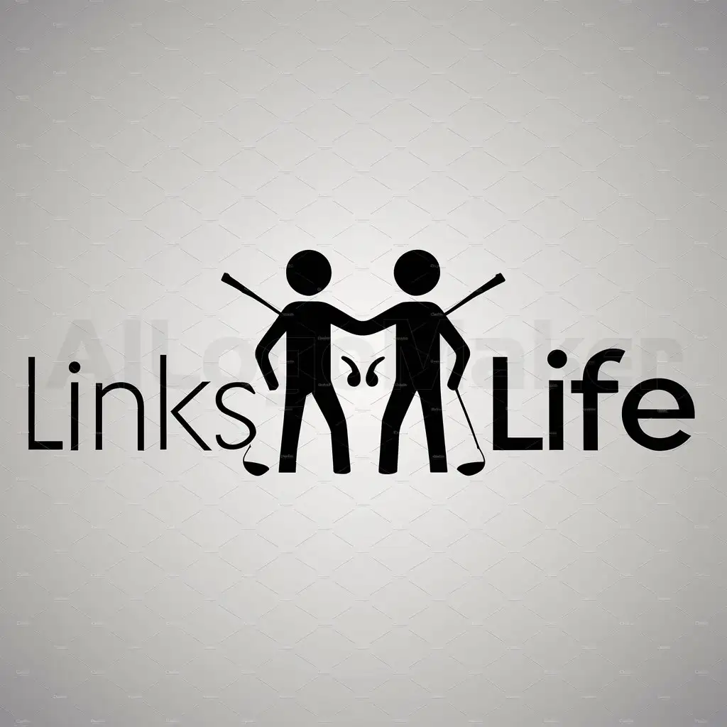 a logo design,with the text "links life", main symbol:two stick men arm in arm like brothers with two golf clubs between them,Moderate,clear background