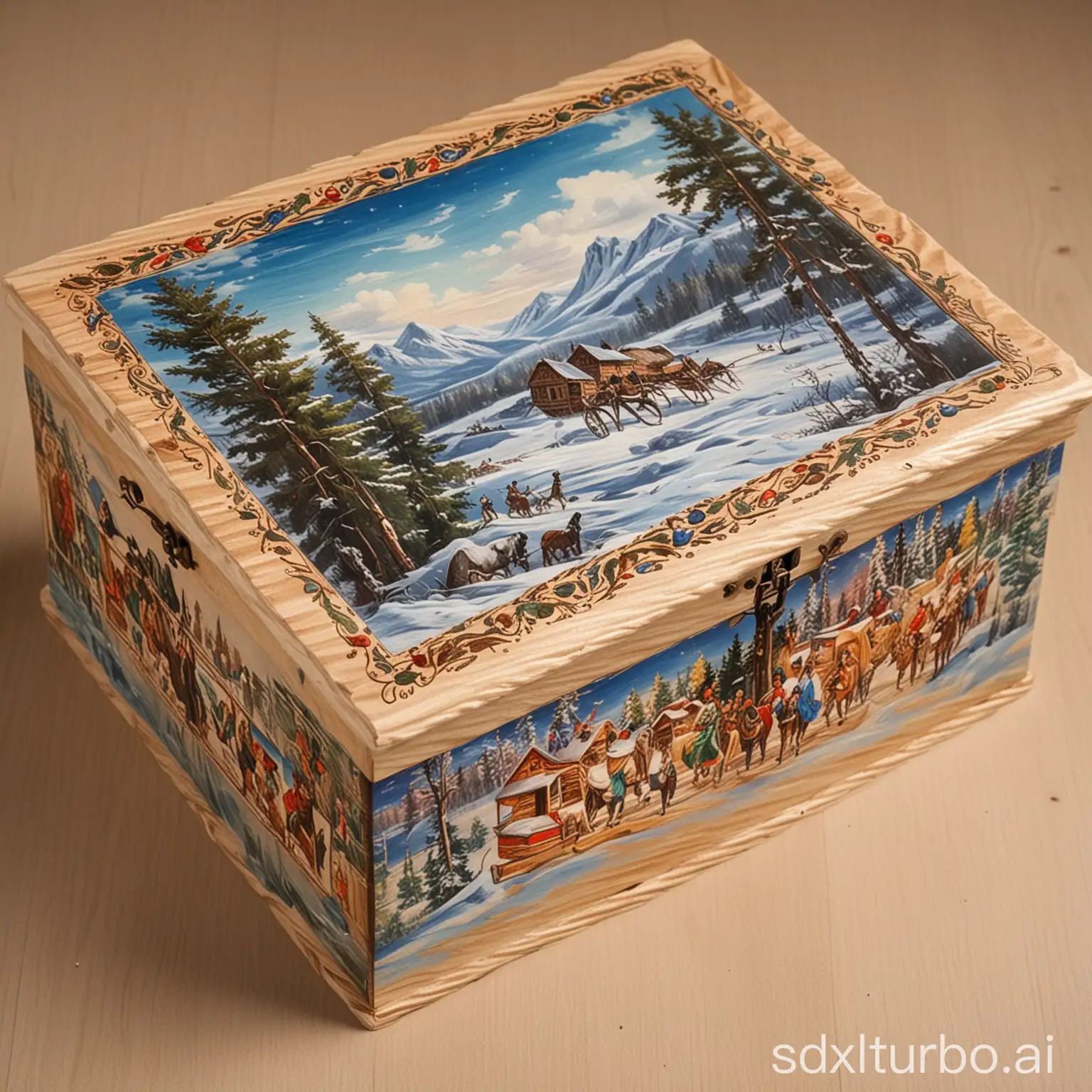 деревянная шкатулка выполненная из фанеры, которую расписали люди с ОВЗ в ручную по тематике Сибири, будет продаваться в сувенирном магазине