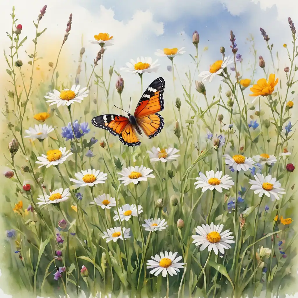 realistická ilustrace, akvarel ilustrace, rozkvetlá louka, motýl,  bílé pozadí