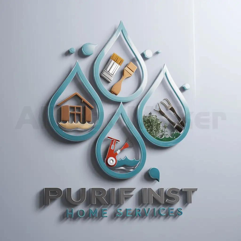 a logo design,with the text 'Purify Home Services', main symbol: Create a logo of 4 water drops that represent purification. Include the shape of a home inside of drop #1. Include a paint brush inside of drop #2. Include a pressure washer inside of drop #3. Include landscaping inside of drop# 4., complex, clear background
