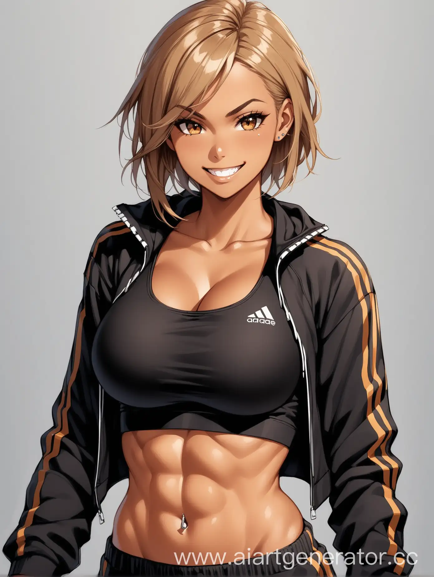 Girl, tall, tanned, fit, average breast size, short messy dark blond hair, brown eyes, piercing stare, predatory grin, black tracksuit, black sports bra.