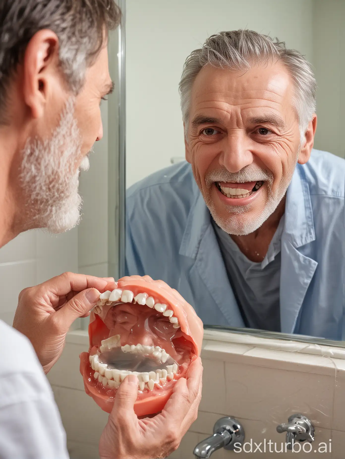 a man is washing his dentures before a mirror in a washroom, older man in mirror