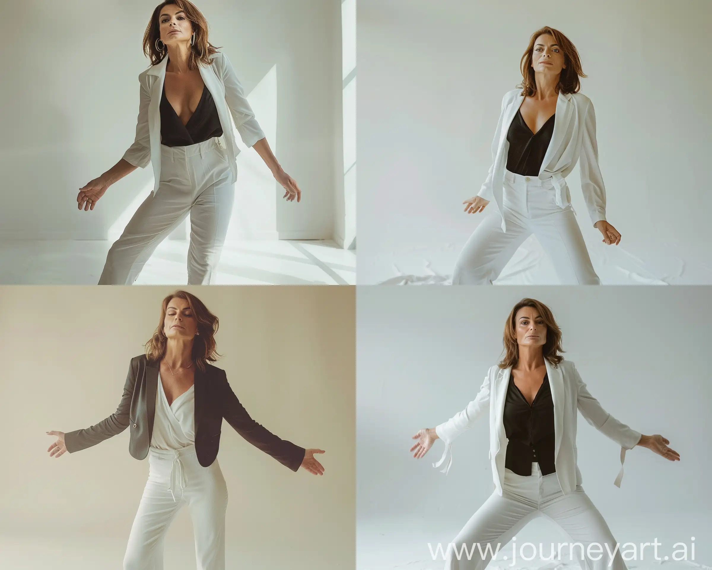 A elegant woman in a photo shoot wearing an elegant white clothes and white pants, boo pose, aesthetic full body --cref https://cdn.discordapp.com/attachments/989268365870776411/1236676757818441858/tothkatinkaklara_Take_a_photo_of_a_woman_talking_about_the_news_7c311c02-3dfe-4077-ac7a-20f98359694e.png?ex=6638e07b&is=66378efb&hm=a4ef73096f61c0e3b3d04b3dc867797135f4303cfae9f8b34909522e49a3708e& --v 6 --style raw --ar 20:16