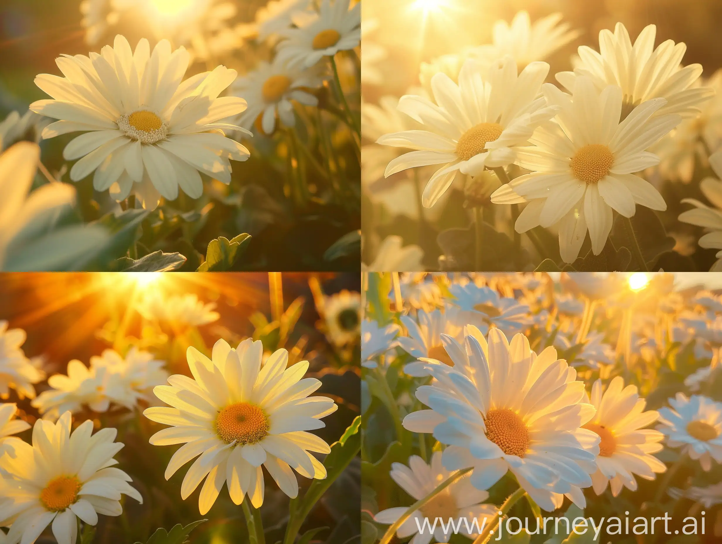 Close up high detailed photo capturing a Shasta Daisy, Alaska. The sun, casting a warm, golden glow, bathes the scene in a serene ambiance, illuminating the intricate details of each element. The composition centers on a Shasta Daisy, Alaska. For 3 months, Alaska explodes in a burst of pure white petals that radiate from the soft yellow eyes. Under the flowers, there is a neat backdrop of glistening, deep green foliage. The long-lasting, 3" across blossoms make great cut flowers. Mix Alaska wi. The image evokes a sense of tranquility and natural beauty, inviting viewers to immerse themselves in the splendor of the landscape. --ar 16:9 