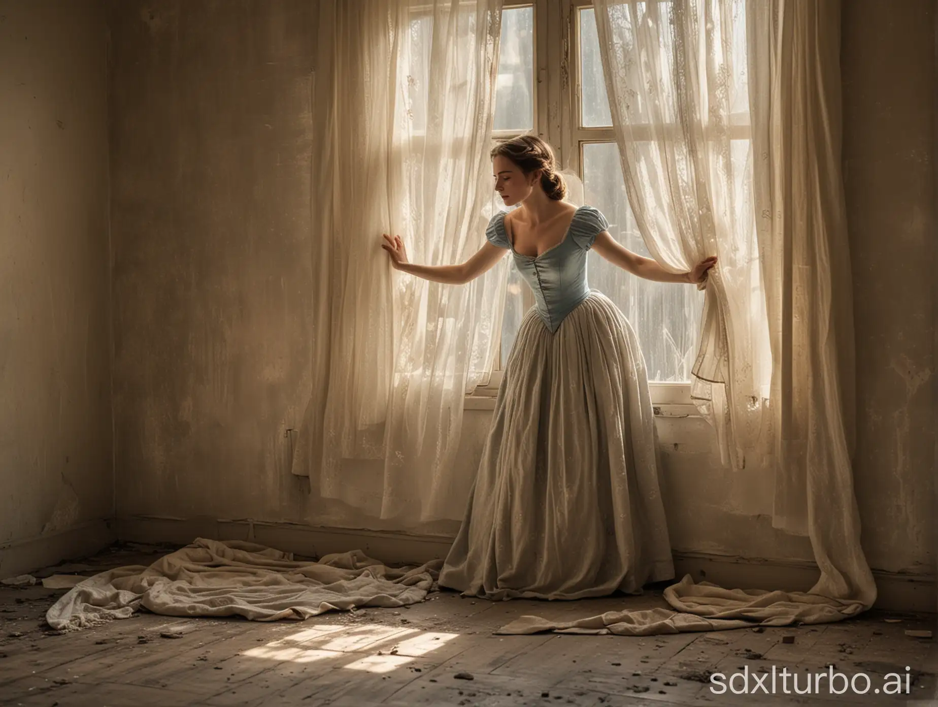 Depicting the interior of a dusty and dilapidated cottage, sunlight filters through the cracks in the curtains, casting onto the cold floor. In the corner, Cinderella dressed in tattered clothes, silently sweeping the floor. Her movements are gentle and rhythmic, despite her plight, a glimmer of hope still shines in her eyes.