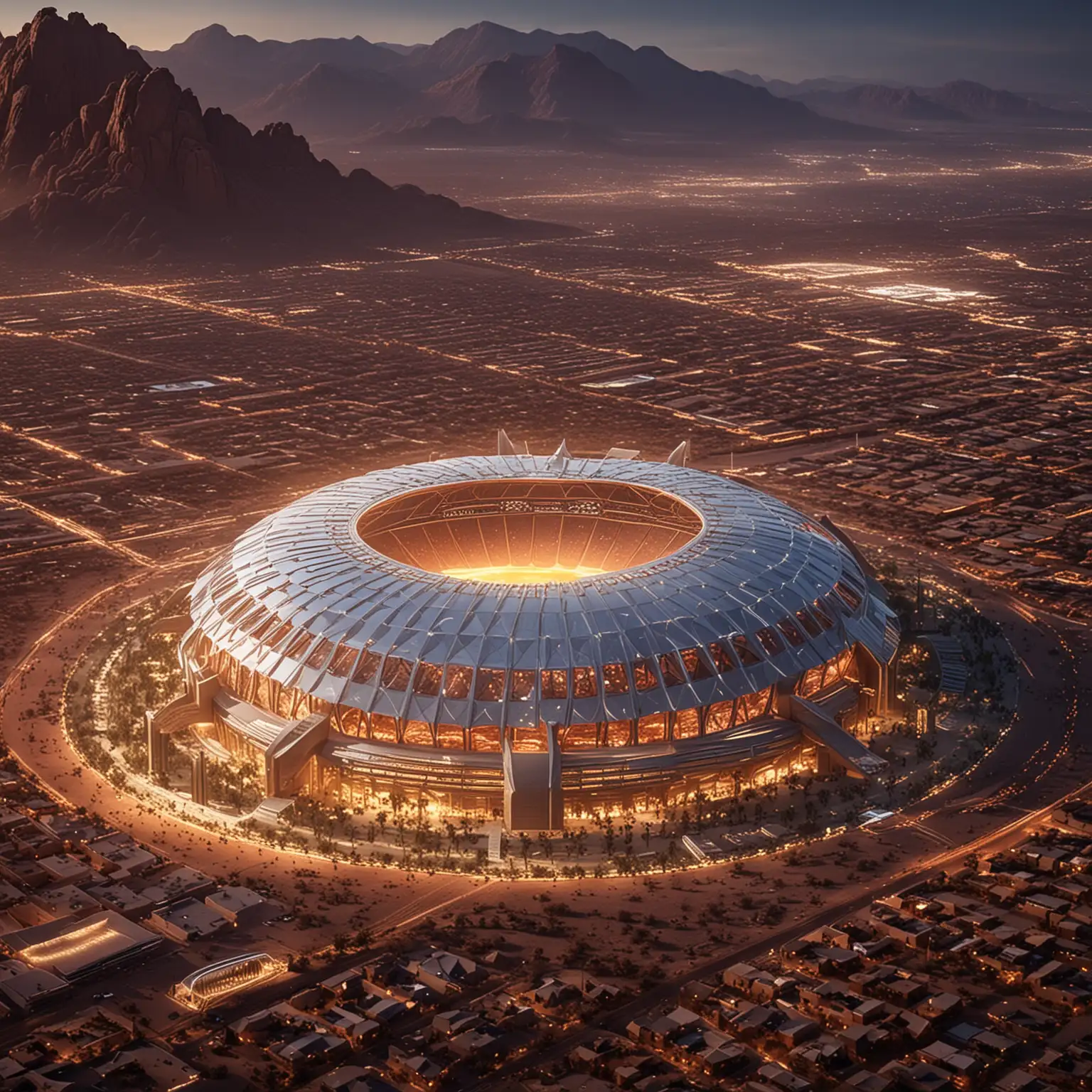 A mystical futuristic design of a football stadium in the desert, it should have a beautiful glowing Phoenix on top of the dome, some other creative ideas, from a distance we should see the city of phoenix with all its buildings and camelback mountain