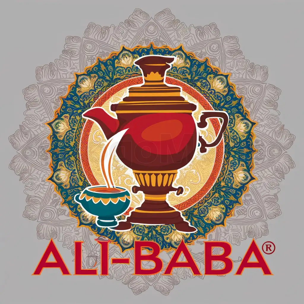 a logo design,with the text "Ali-Baba", main symbol:Create a captivating logo for 'Ali Baba Chayxana', where the majestic Uzbek samovar pours tea into a choynek amidst intricate patterns and vibrant colors, radiating the allure and splendor of Central Asian tea culture.,complex,clear background