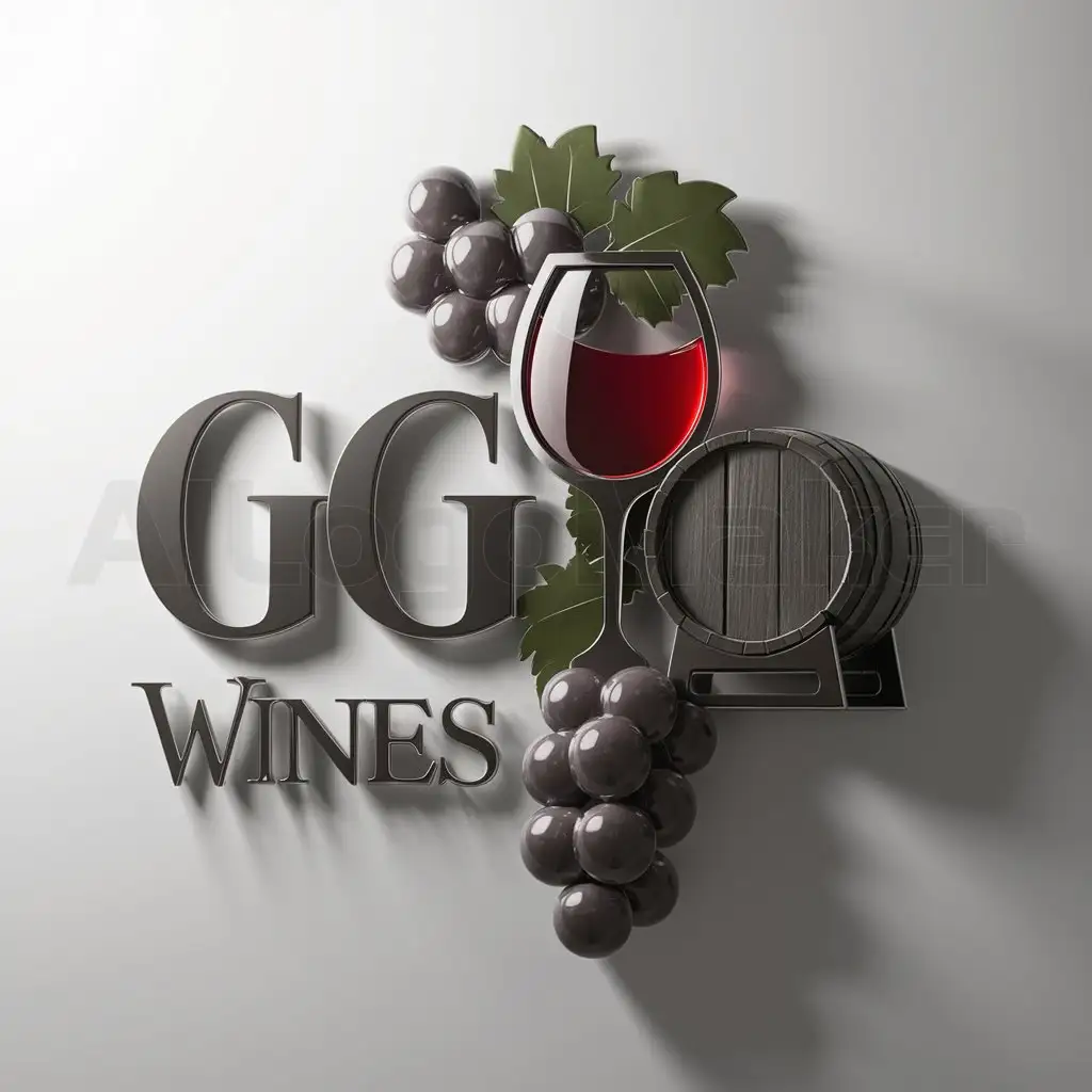 a logo design,with the text "GG WINES", main symbol:Grapes, Cup, Barrel, white background,Moderate,clear background