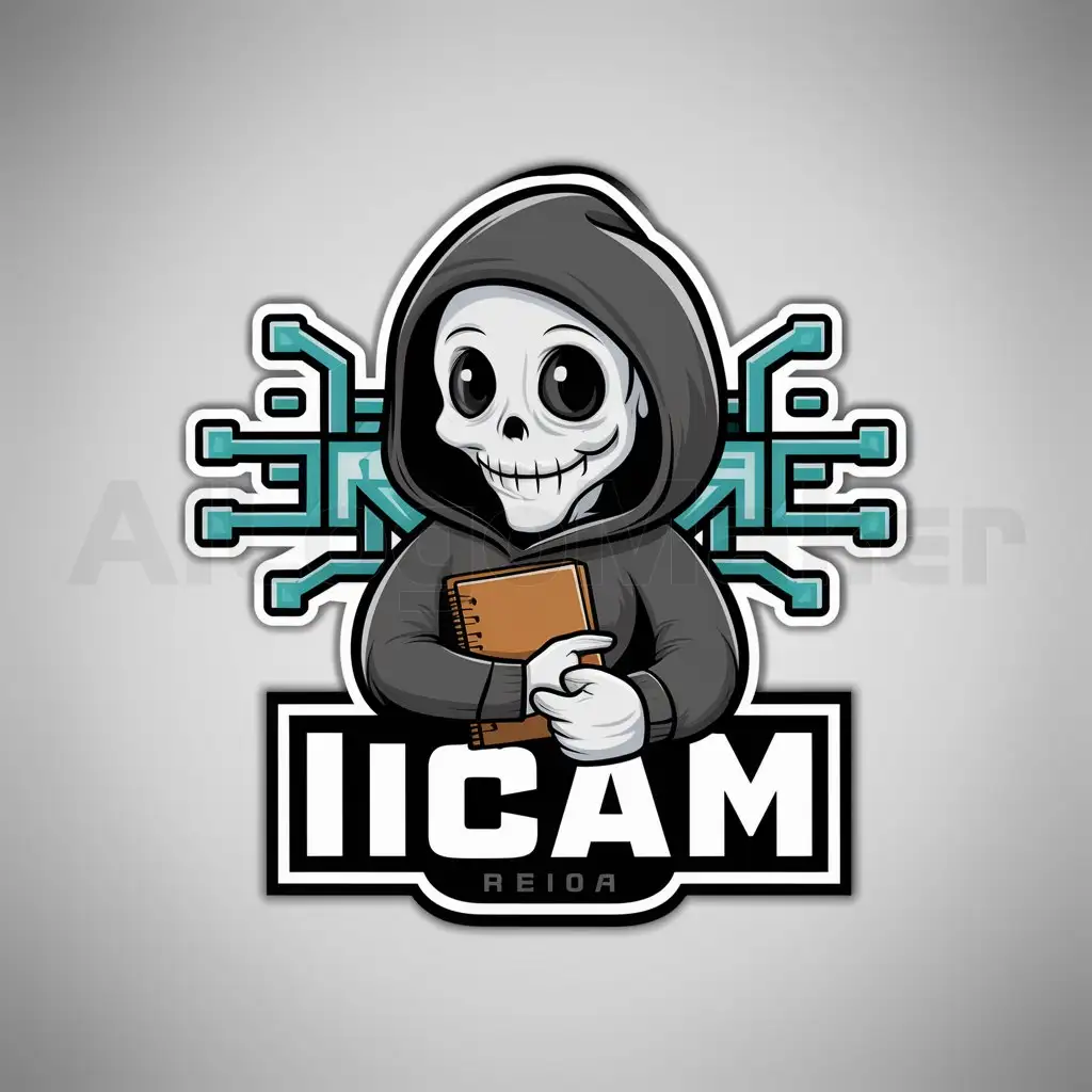 a logo design,with the text "ИСАМ", main symbol:Cute Grim Reaper in a black hoodie with microchip wings, with big eyes and a smile, holding a notebook.,Moderate,be used in Religious industry,clear background