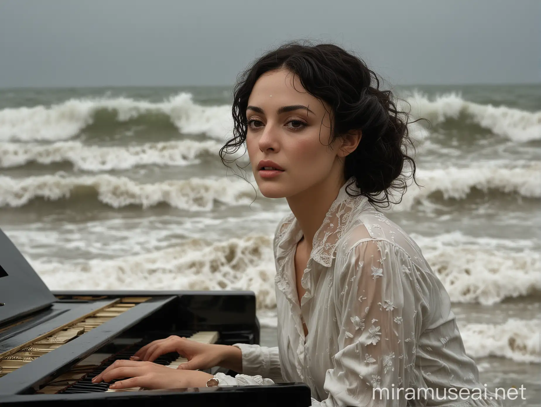Deva Cassel who is Monica Bellucci's daughter, with Twiggy's makeup leaned on the piano on the sea shore, the weather is cloudy, there are waves in the sea