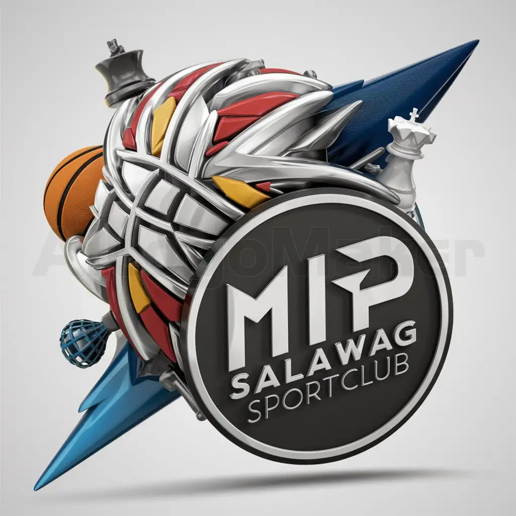 a logo design,with the text "MIP SALAWAG SportClub", main symbol:sports like basketball, volleyball, chess, badminton, etc.,complex,be used in Entertainment industry,clear background