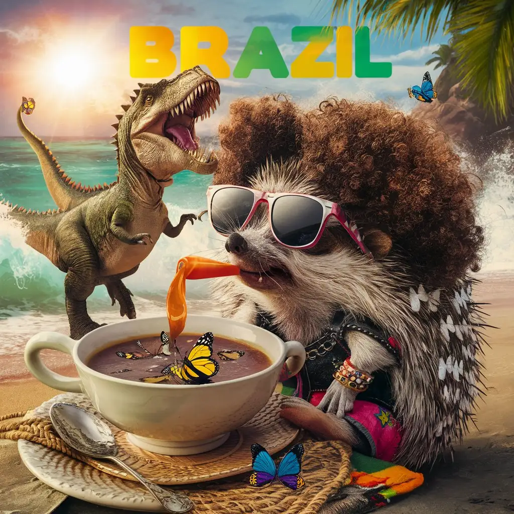 Hedgehog-Punk-Enjoying-Butterfly-Soup-on-Brazilian-Beach-with-Dinosaur-and-Bead-Dance