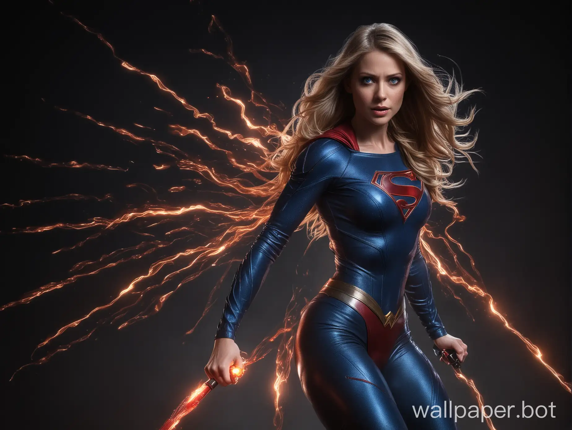 supergirl in latex body shoots lasers from eyes, long hair, hair on fire, bright blue eyes, dark background, full length