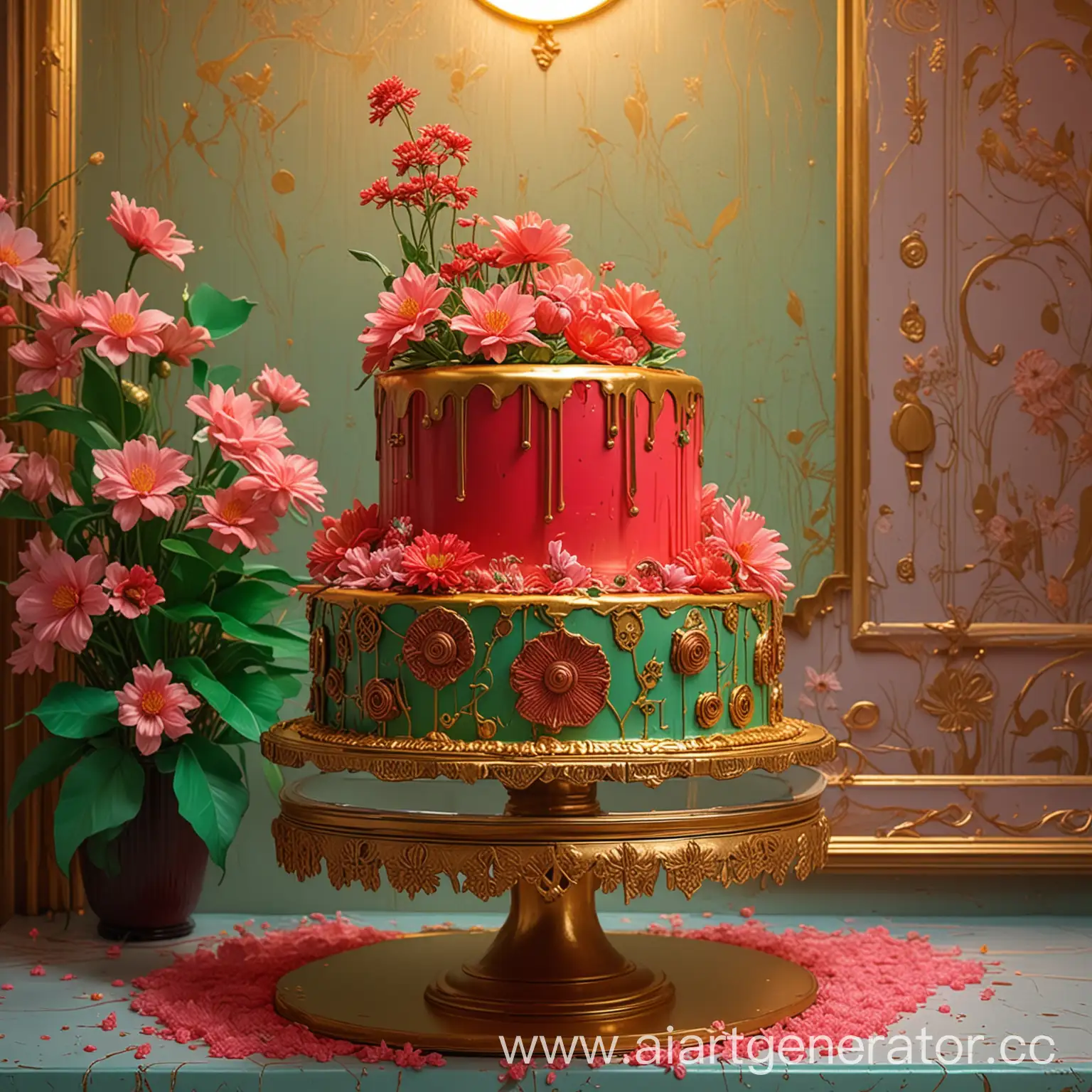 Торт с красной глазурью на золотом блюде, розовые цветы и зеленые листья на торте, стена в стиле ар деко на заднем плане, неоновый свет падает сверху и слева, изображение  в стиле стимпанка и комиксов Жана Жиро, в светлых тонах