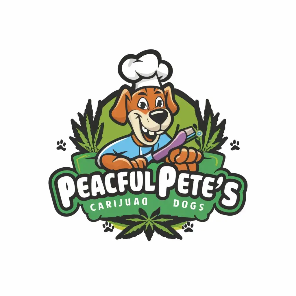 a logo design,with the text "Peaceful Pete’s", main symbol:Craft a playful yet professional cartoon-style logo for our marijuana product for dogs, featuring a unique roller ball applicator. Highlight its flavored marijuana and fast-acting relief within 10-15 minutes.,Moderate,be used in Animals Pets industry,clear background