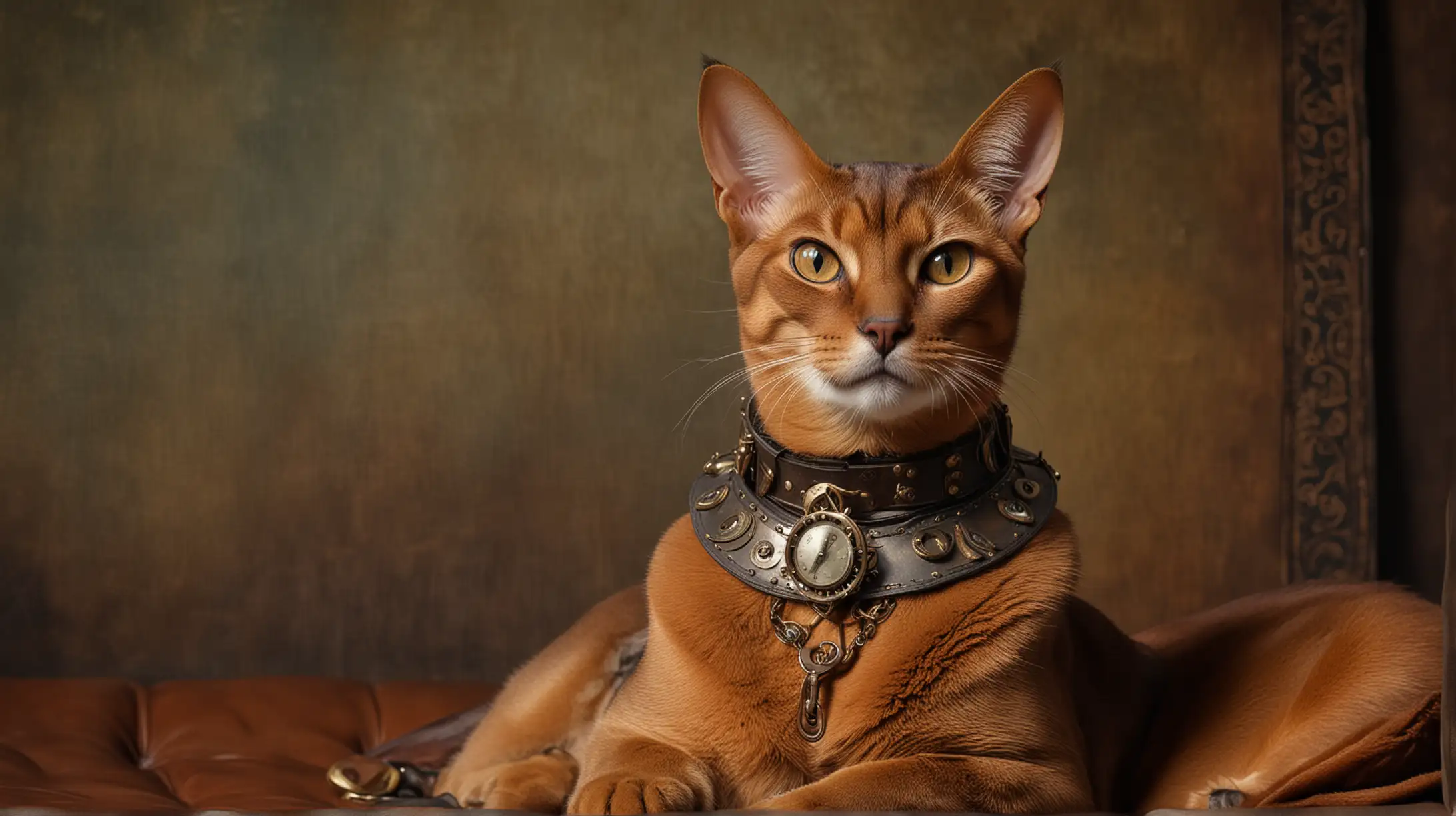 the portrait of the abyssinian cat with a steampunk collar on a leather sofa, old dutch painting masters style