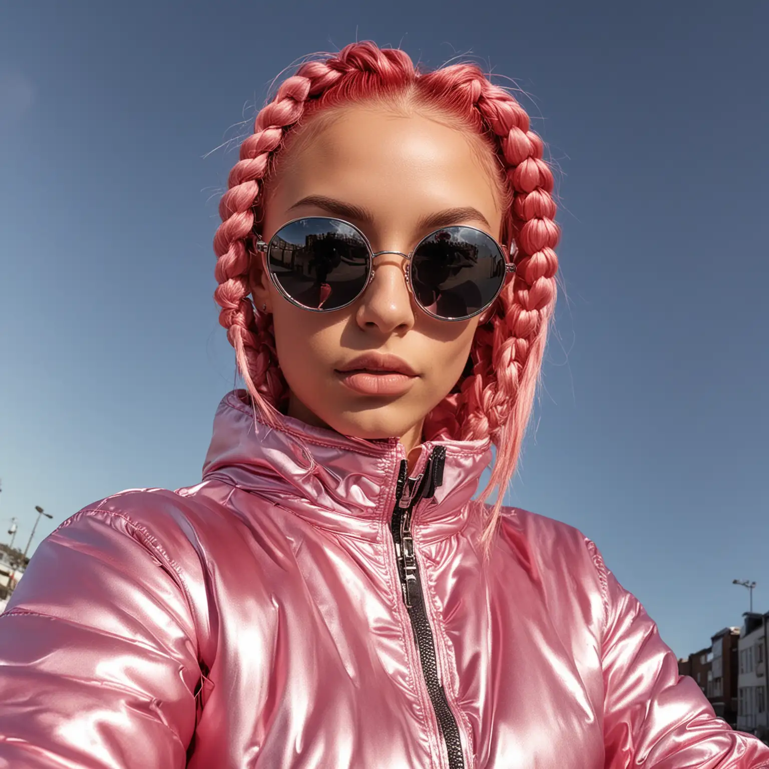 female with pink braided hair, wearing puffy red tracksuit & silver jacket, chrome wrap around sports sunglasses, y2k vibes, angle of shot is from below with a fisheye lens, full body shot