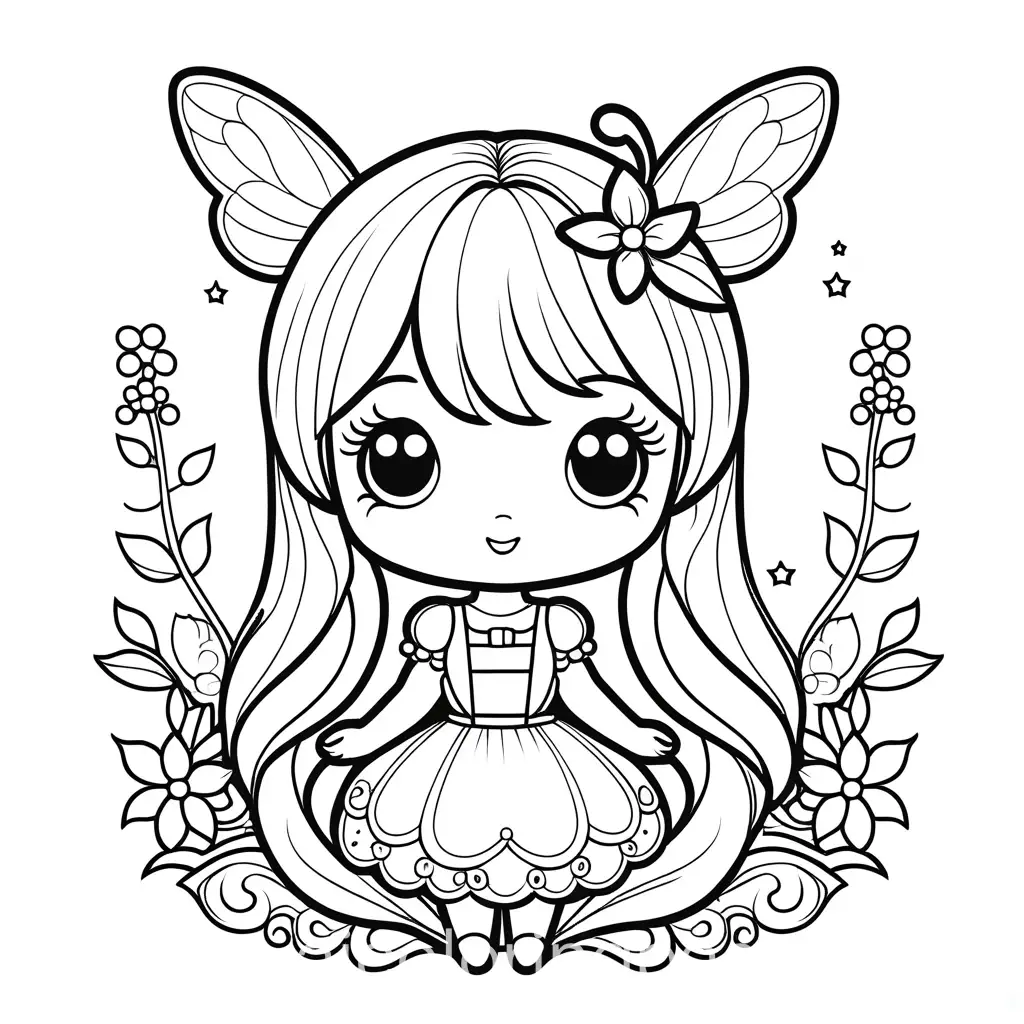 cute fairy kawaii style, Coloring Page, black and white, line art, white background, Simplicity, Ample White Space