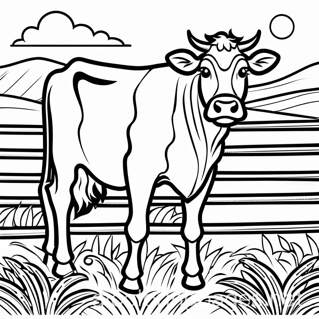 a cow in the farm, thin line drawing, Coloring Page, black and white, line art, white background, Simplicity, Ample White Space. The background of the coloring page is plain white to make it easy for young children to color within the lines. The outlines of all the subjects are easy to distinguish, making it simple for kids to color without too much difficulty