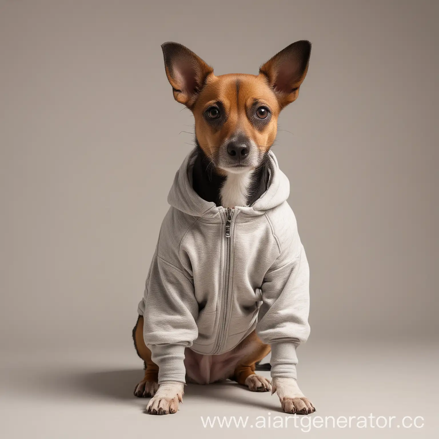 A dog in a tracksuit on an empty background