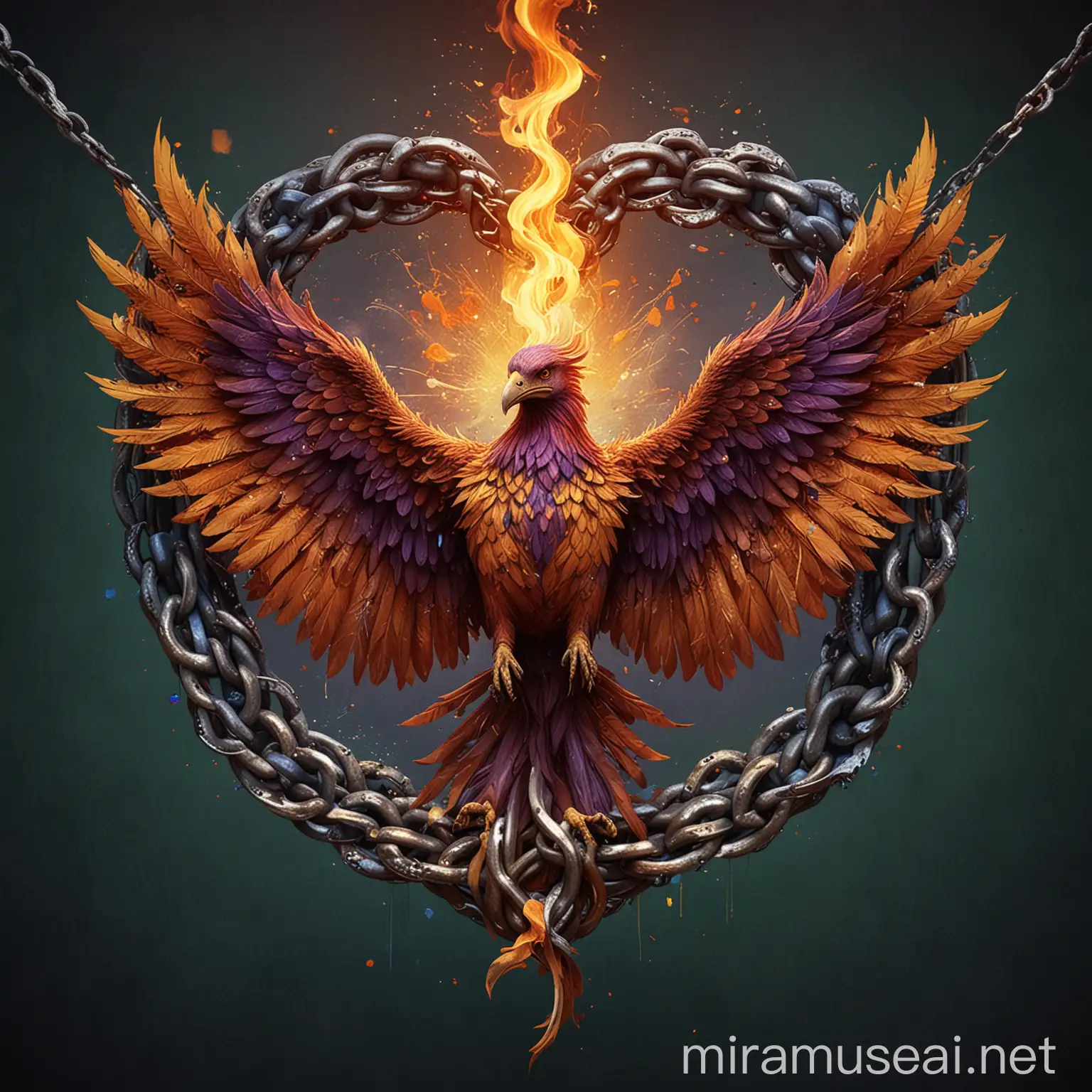 1. Start by selecting an image of a phoenix trapped in the chains of addiction.
2. Using colors and patterns that evoke feelings of hope and freedom, reconstruct a part of the image to depict the phoenix soaring towards liberation.
   - Blue Color: #3498DB
   - Green Color: #2ECC71
   - Orange Color: #F39C12
   - Yellow Color: #F4D03F
   - Red Color: #E74C3C
   - Purple Color: #9B59B6
3. Draw flames of hope and aspiration emanating from the heart of the phoenix, using bright and captivating colors.
   - Yellow Color: #F4D03F
   - Orange Color: #F39C12
   - Red Color: #E74C3C
   - Purple Color: #9B59B6
   - Dark Blue Color: #34495E
   - Dark Green Color: #229954
4. Alongside the image, write short and inspirational sentences conveying a message of freedom and transformation to the viewers.
   - Broken Chain Pattern: #000000 (Black)
   - Silver Chain Pattern: #BDC3C7
   - Dark Blue Pattern: #34495E
   - Brown Pattern: #8B4513
   - Copper Pattern: #B87333
   - Gold Pattern: #DC7633
5. Finally, combine the image and text, creating a beautiful and inspiring media journal entry.Design Leonardo da Vinci style with digital painting art and digital art collage art