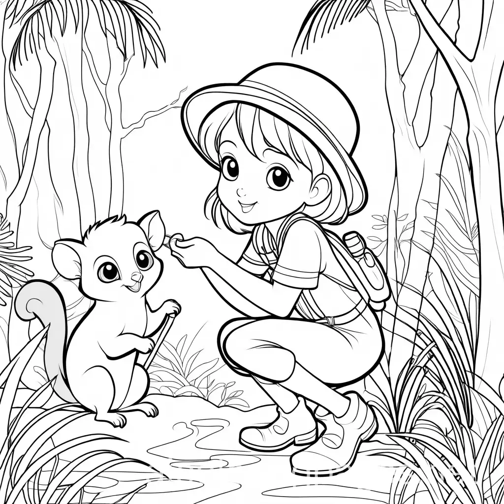 a cartoon girl in safari clothes playing with a bushbaby in the forest, Coloring Page, black and white, line art, white background, Simplicity, Ample White Space