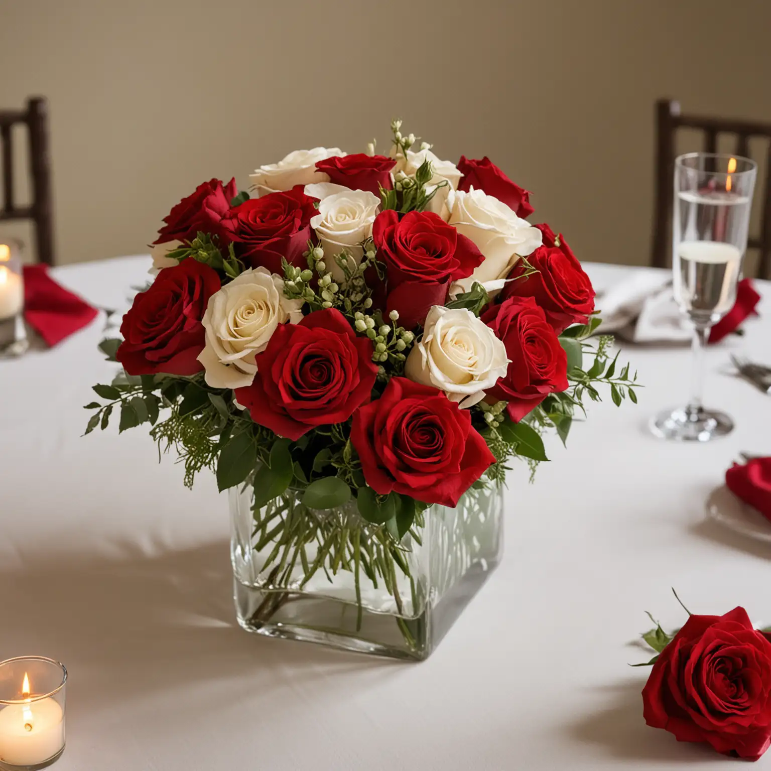 a casual looking wedding centerpiece with red roses