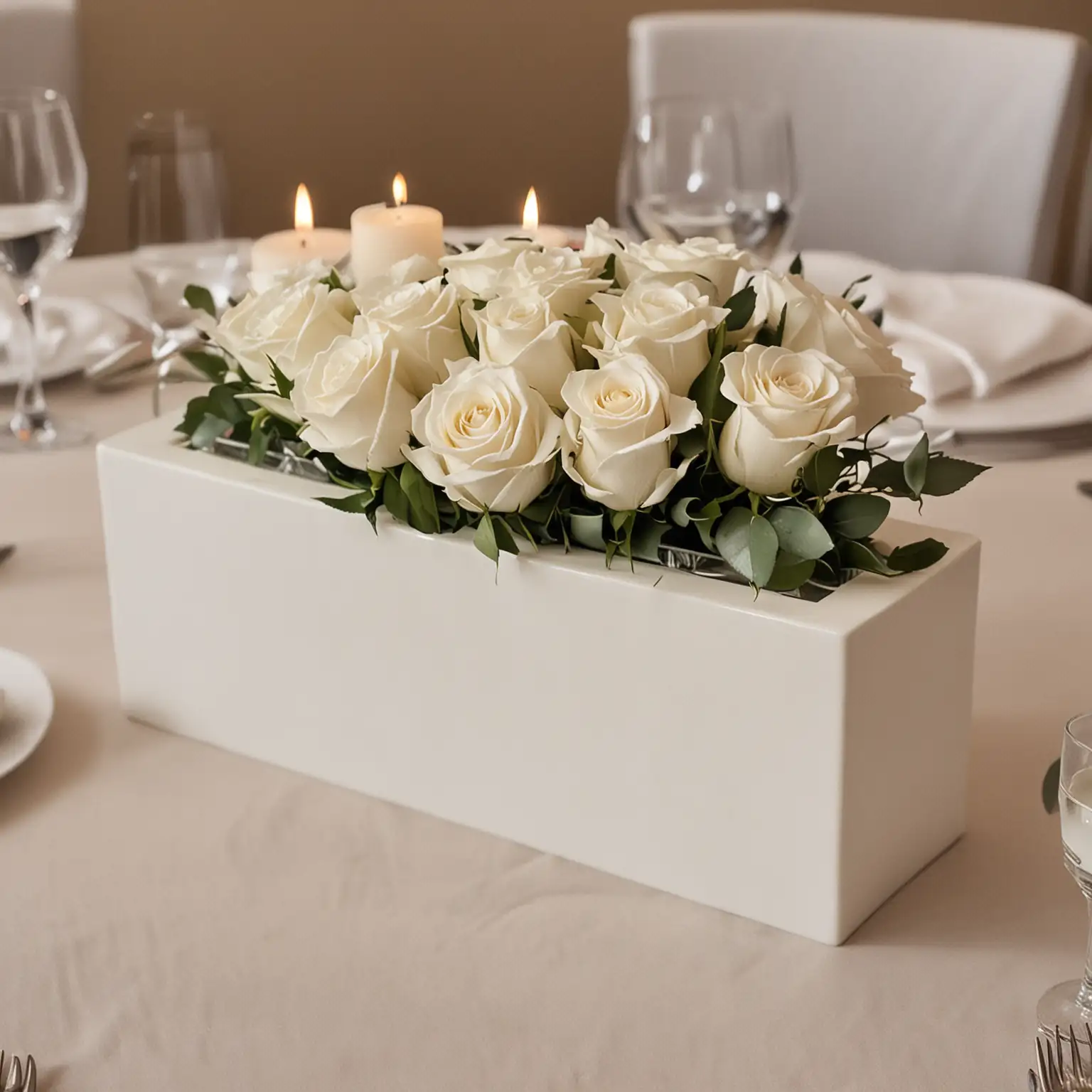 modern elegant wedding centerpiece with a sleek modern white rectangle vase holding white roses and white candle