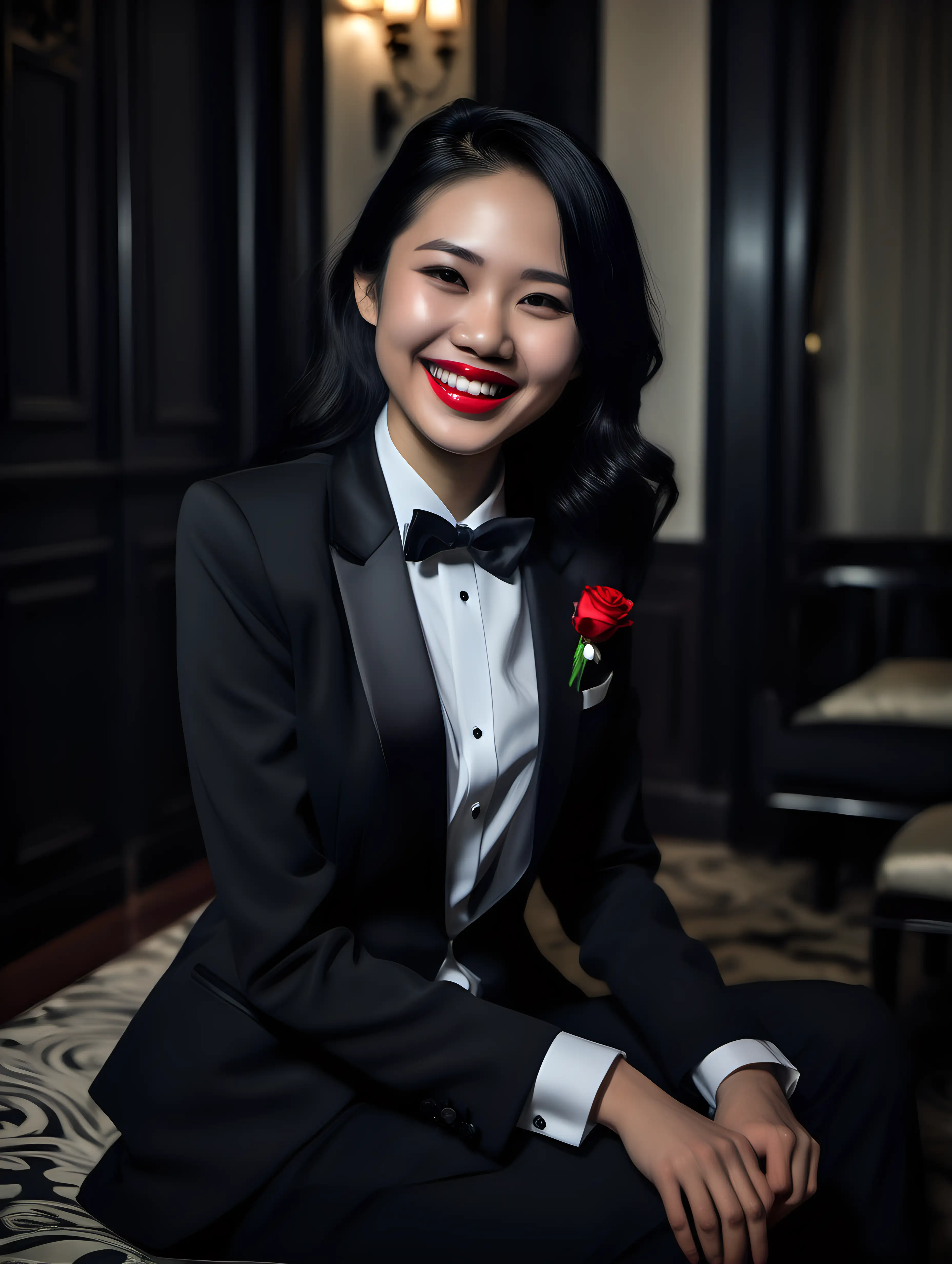 It is night. A smiling and laughing 30 year old Vietnamese woman with long black hair and red lipstick is sitting in a dark room in a mansion.  She is facing forward. She is wearing a tuxedo with a black jacket with a corsage and a white shirt and a black bowtie and black cufflinks and black pants. She is relaxed. Her jacket is open.  