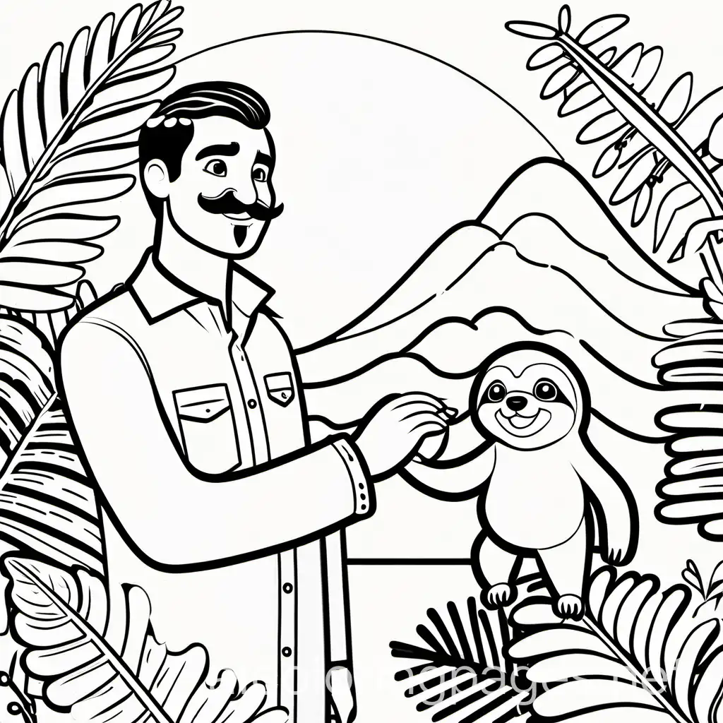 Latino male teacher with mustache  high fiving a sloth, Coloring Page, black and white, line art, white background, Simplicity, Ample White Space. The background of the coloring page is plain white to make it easy for young children to color within the lines. The outlines of all the subjects are easy to distinguish, making it simple for kids to color without too much difficulty