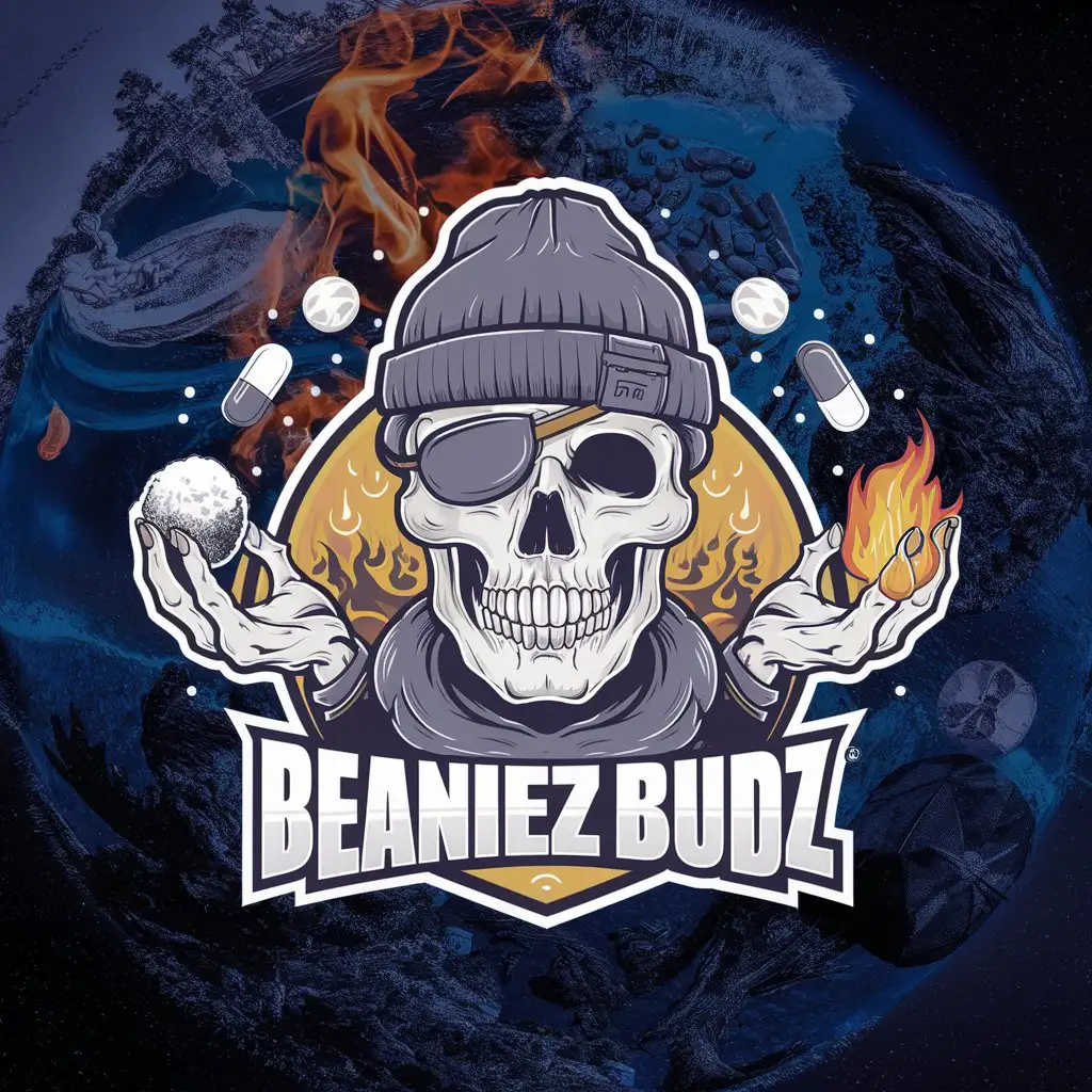 a logo design,with the text 'Beaniez Budz', main symbol:Skull with a mask wearing a beanie hat & an eye patch in space, Moderate, clear background, fire on right side, snow in the left hand, snow and fire, snowflake left hand, fire right hand, pills floating in space background, forest, trees, space background, beach