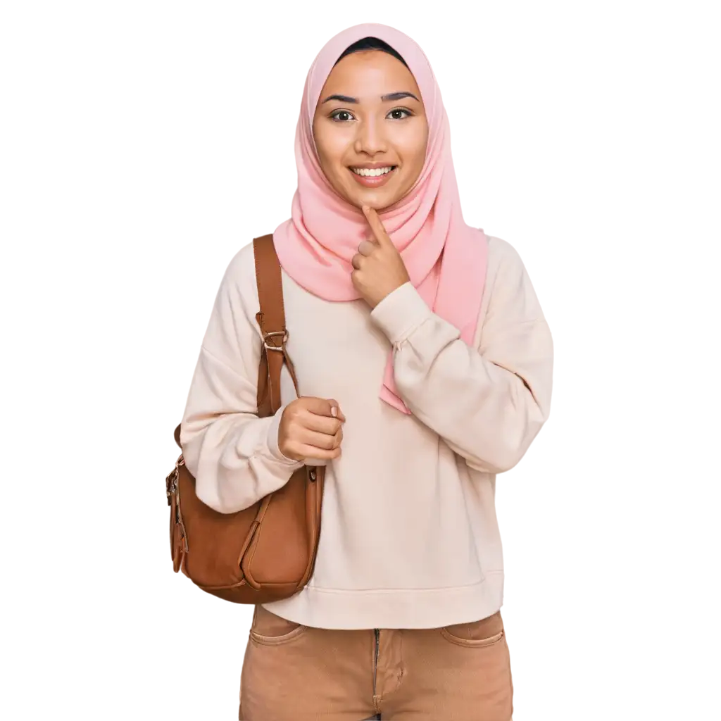 A girl that wear soft pink hijab that study psychology major with Asian face and wearing cream shoulder bag
