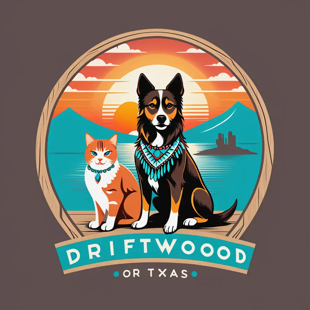 a logo for a
 dog boarding company called driftwood with Style elements of texas, native american, and turquoise, include a dog and a cat sitting next to each other and sunset 


