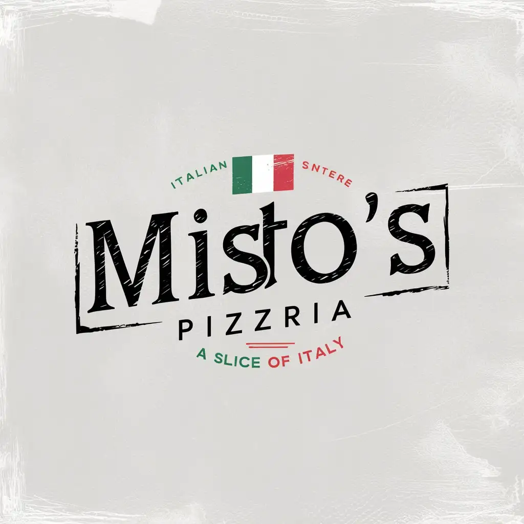 Misto's Pizzeria , Sharp Font, Letter Mark , Minimal , Edge decoration, Italian colors , Textured White Background , EST 2024 , Italy flag , Vintage, Slogan, Slice of Italy, Italian City, Adobe Illustrator, Sketched, Classic logo